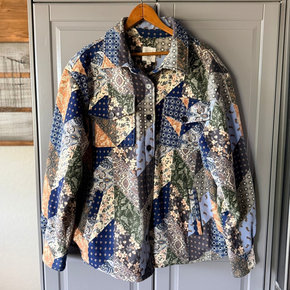 Cleo + Wolf Women Western Boho Patchwork Shirt Jacket, Multicolor, XL